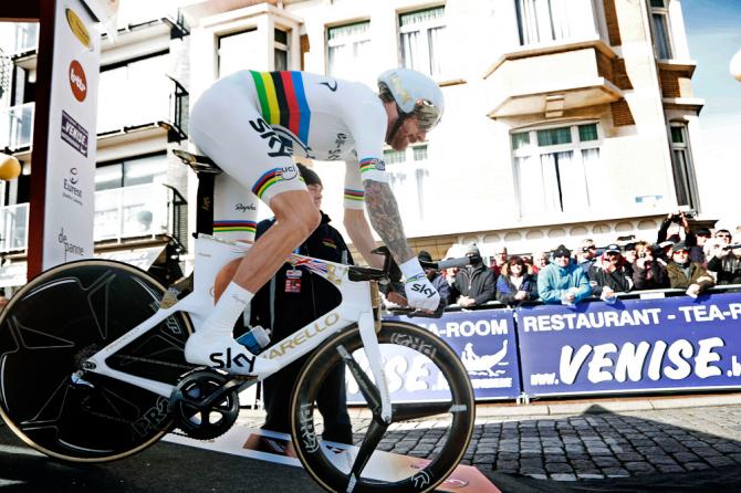 Istantanea di Bradley Wiggins sulla rampa di lancio della crono conclusiva (foto Bettini)