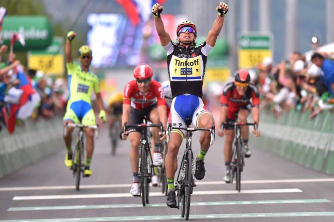 Bennati & Sagan, dobbia esultanza per la Tinkoff Sako sul traguardo di Biel (foto Tim de Waele/TDWSport.com)