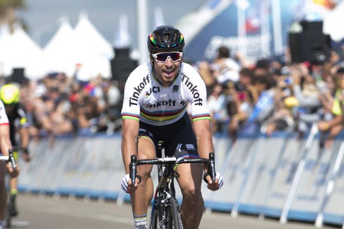 Sagan ripreso subito dopo aver tagliato vittoriosamente il traguardo della prima tappa del Tour of California 2016 (foto Tim de Waele/TDWSport.com)