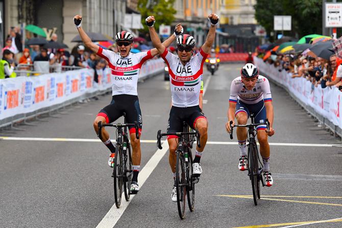 Doppia esultanza in casa UAE Team Emirates a Lugano per il successo di Diego Ulissi e il secondo posto di Aleksandr Riabushenko (foto Bettini)