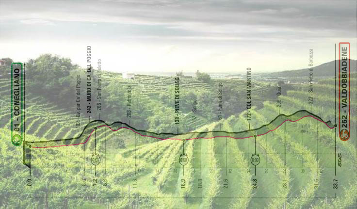 I vigneti del Prosecco e, in trasparenza, l’altimetria della quattordicesima tappa del Giro 2020 (donnasommeliereuropa.files.wordpress.com)